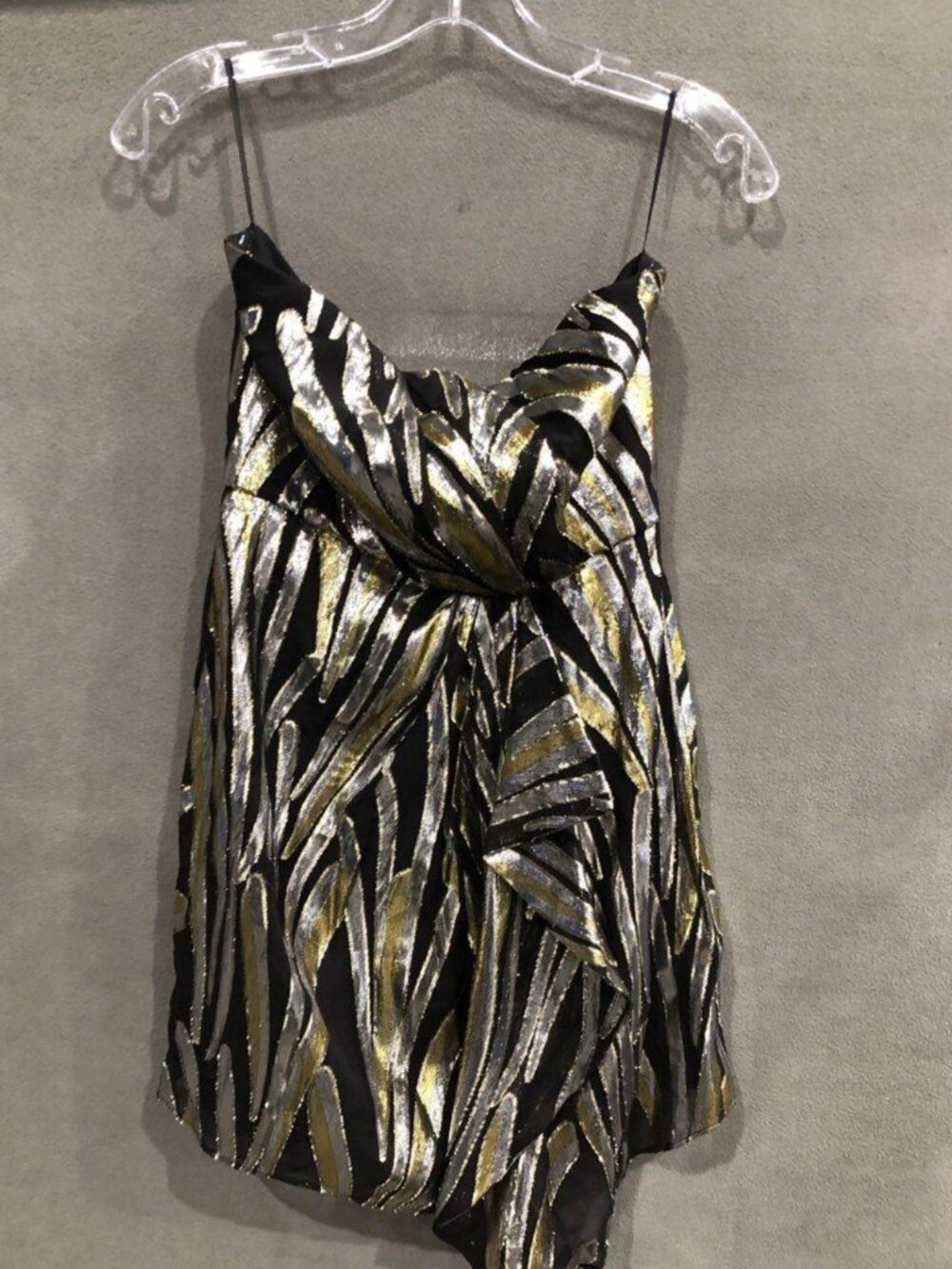 Ramy Brook Gold Silver Metallic Zebra Strapless Draped Mini Dress Size 2